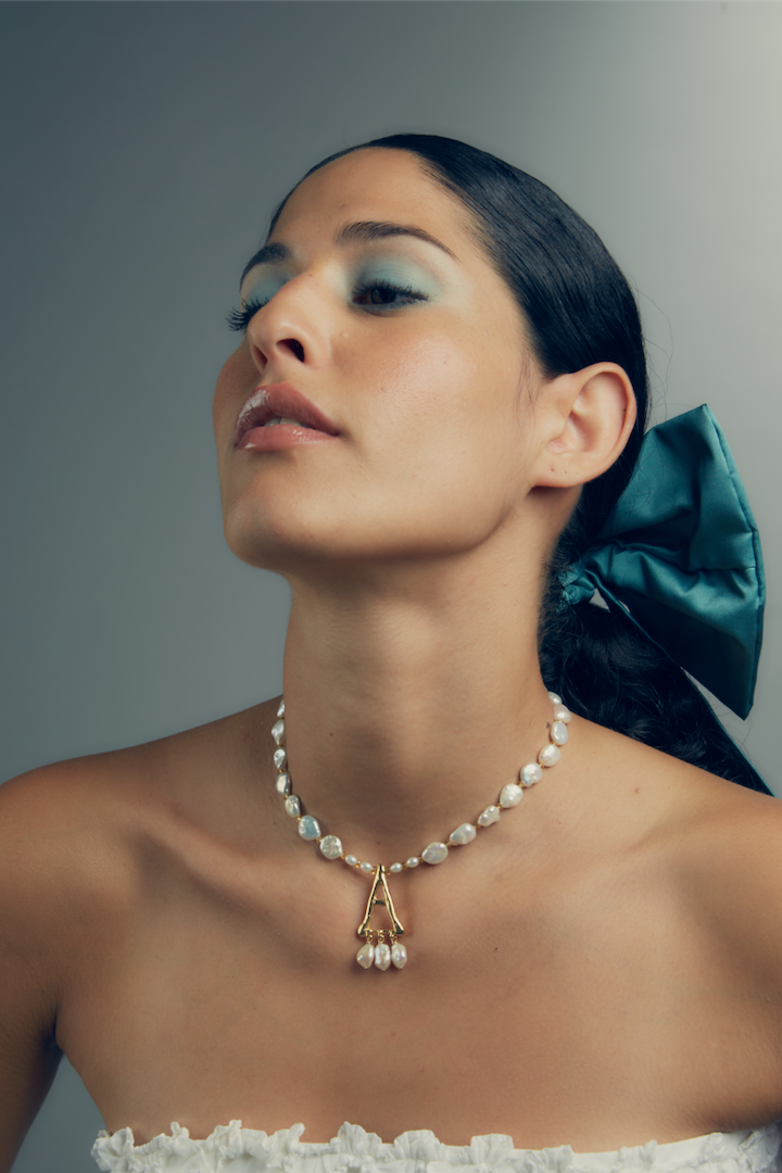Anne Boleyn letter A initial necklace with freshwater pearls, alternate view