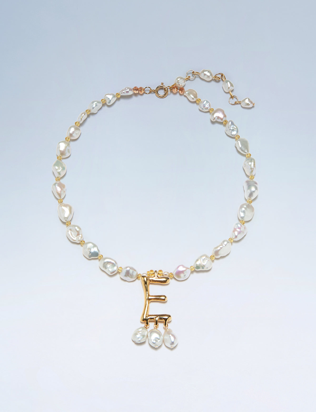 Anne Boleyn letter E initial necklace with freshwater pearls