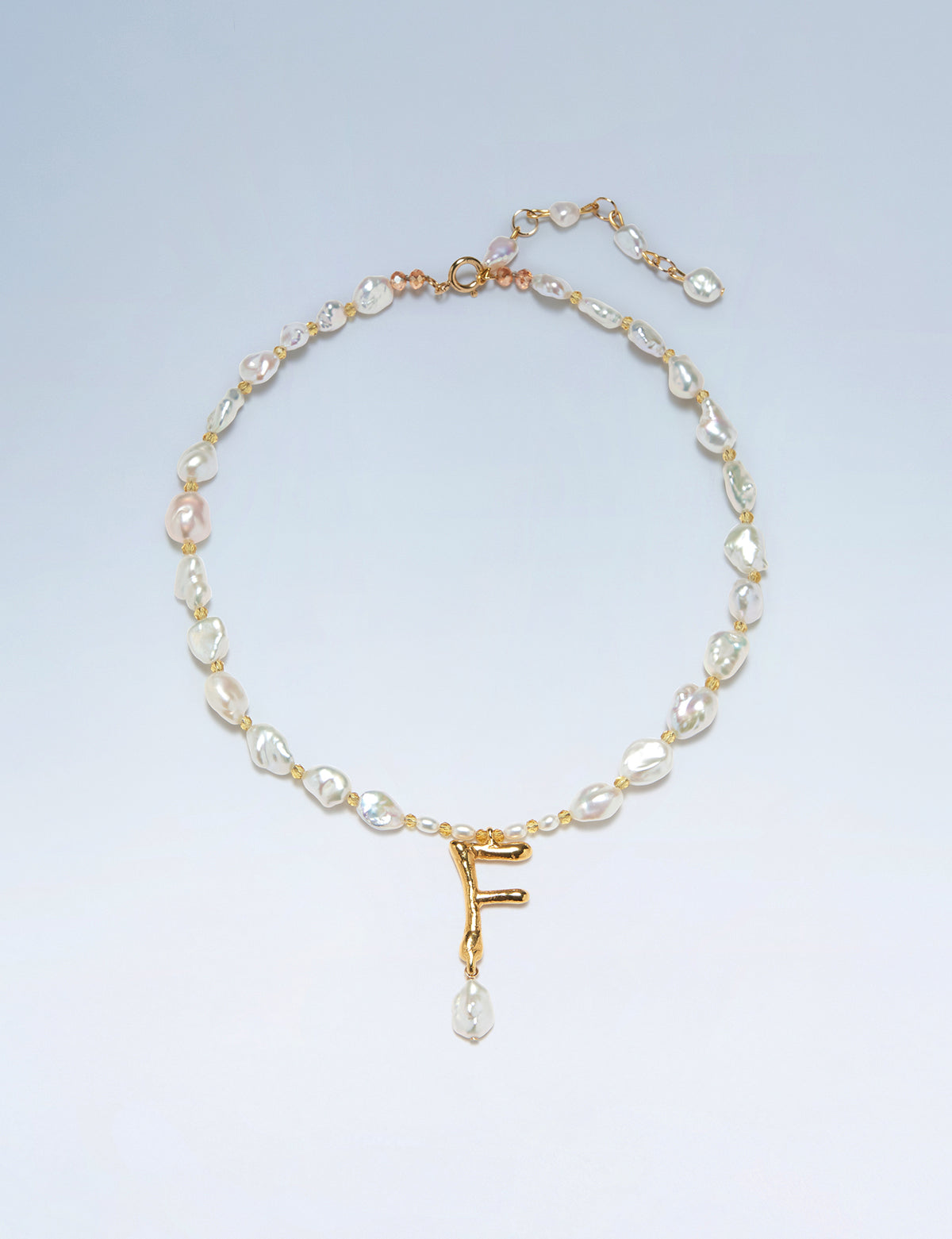Anne Boleyn letter F initial necklace with freshwater pearls
