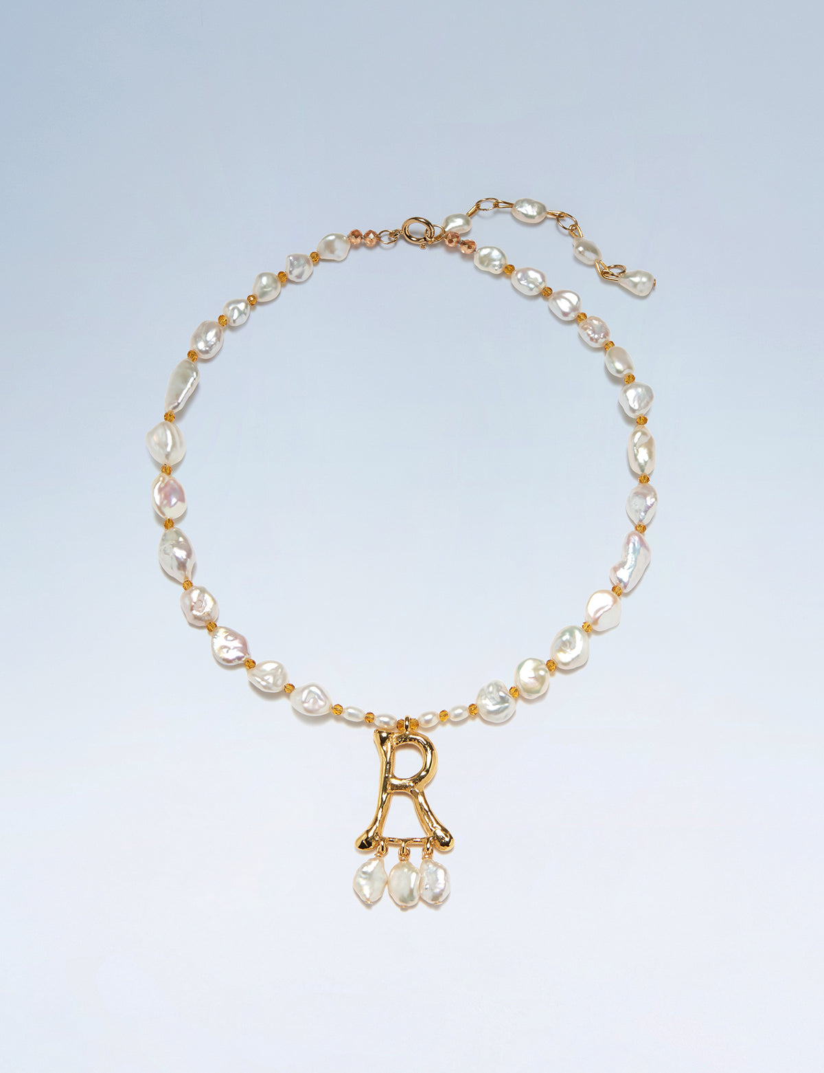 Anne Boleyn letter R initial necklace with freshwater pearls
