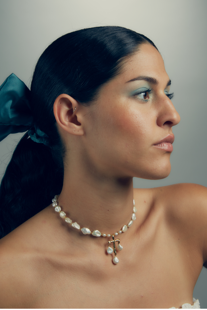 Anne Boleyn-inspired cross pendant necklace with freshwater pearls, alternate view