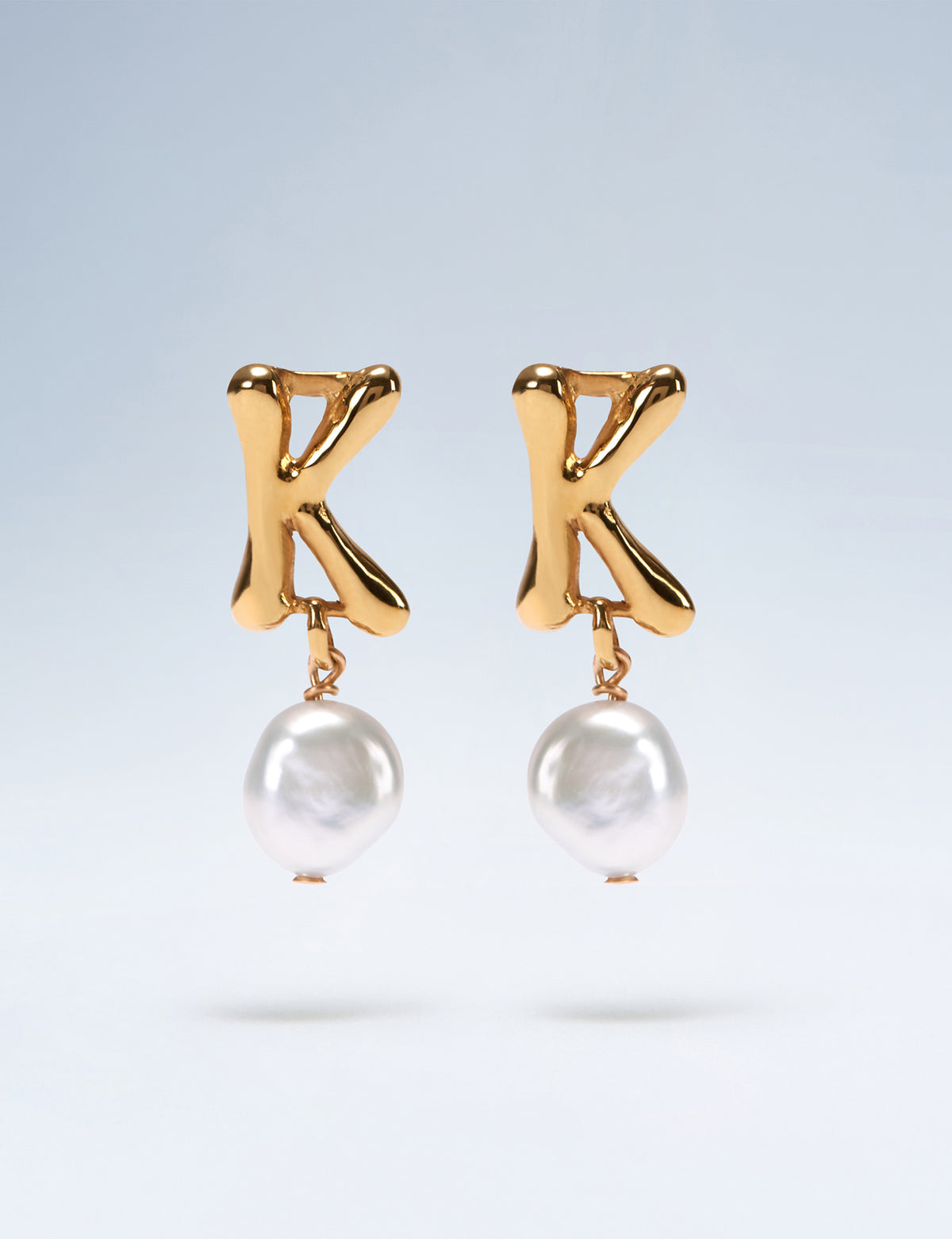 Anne Boleyn letter K gold vermeil earrings with freshwater pearl drops