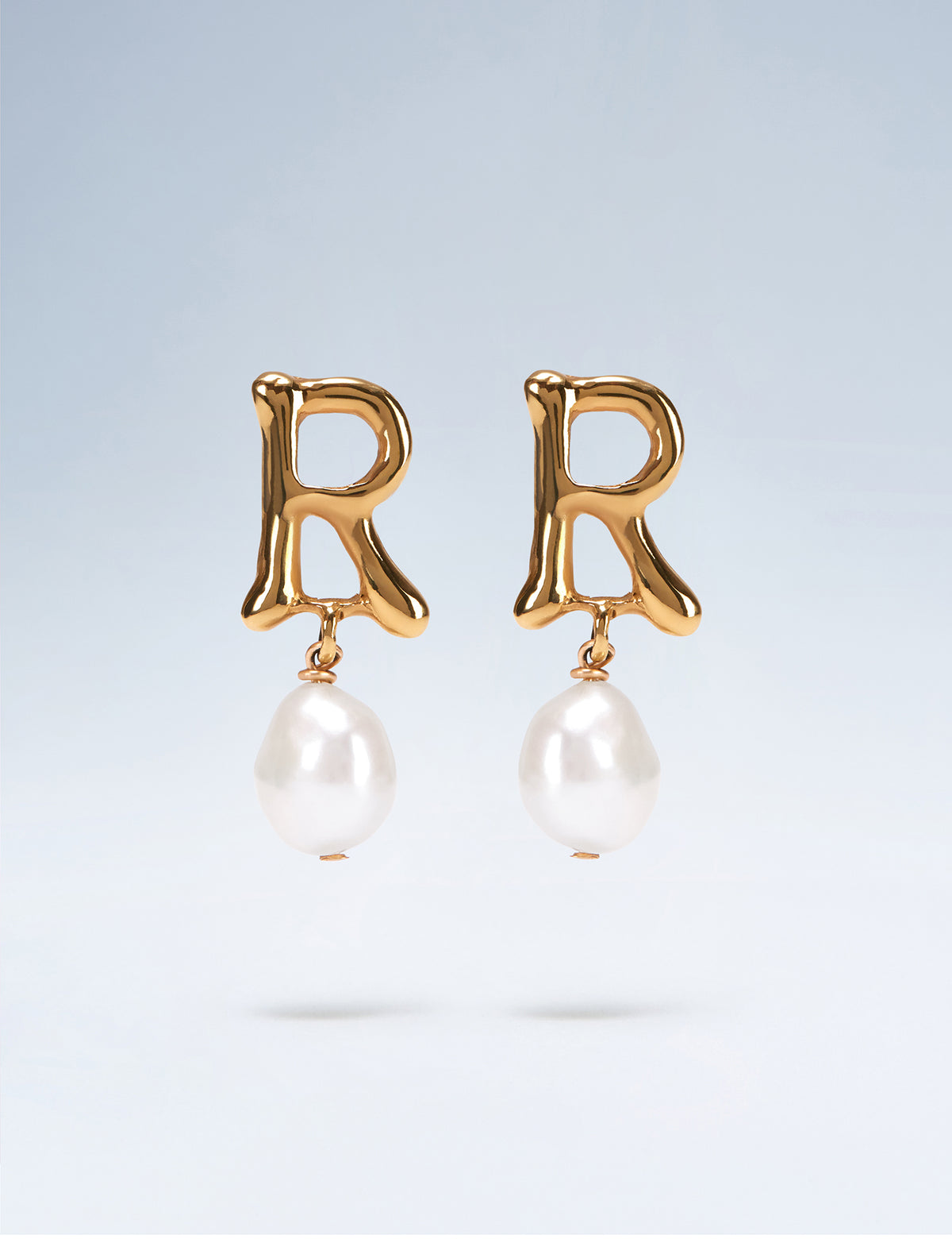 Anne Boleyn letter R gold vermeil earrings with freshwater pearl drops