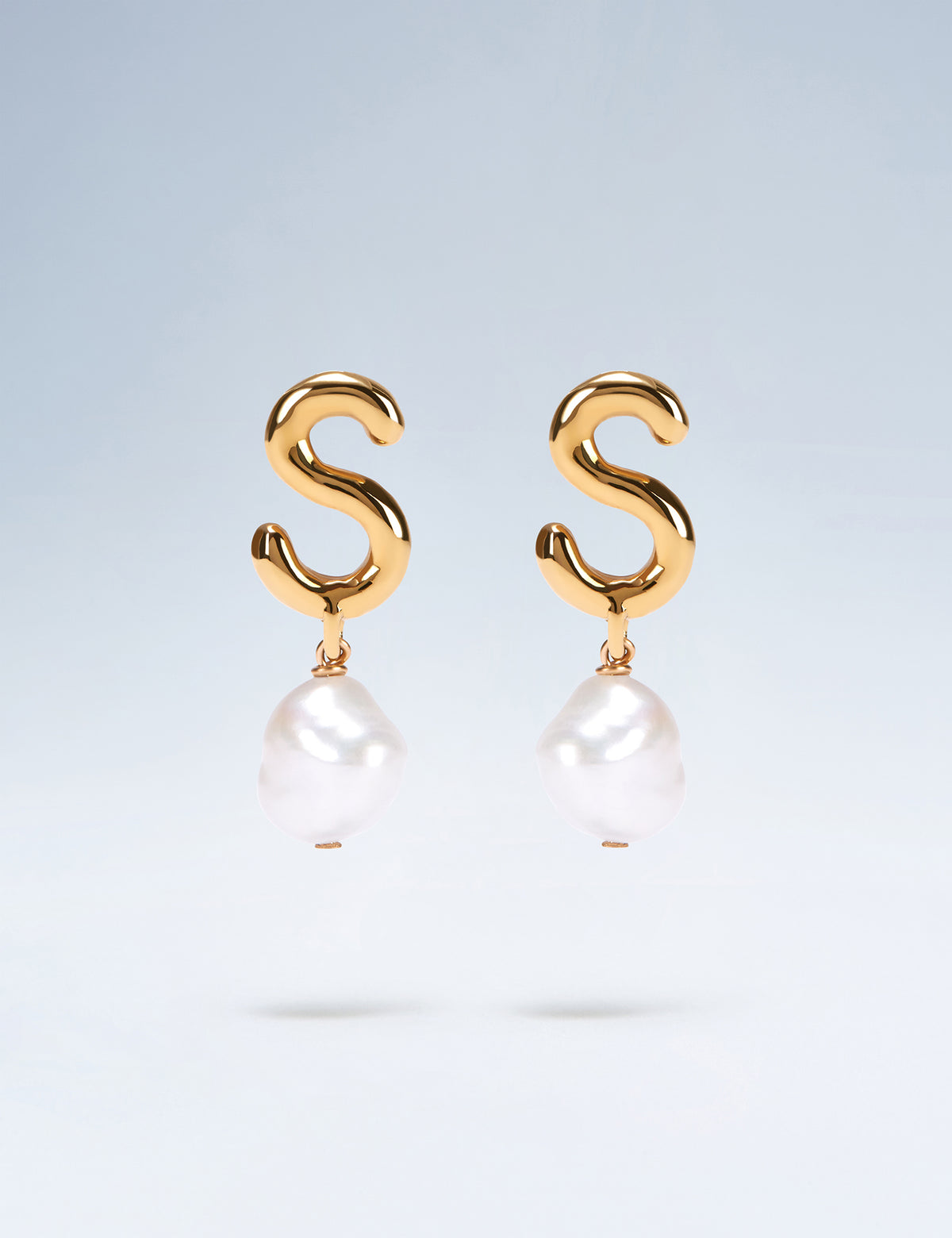 Anne Boleyn letter S gold vermeil earrings with freshwater pearl drops