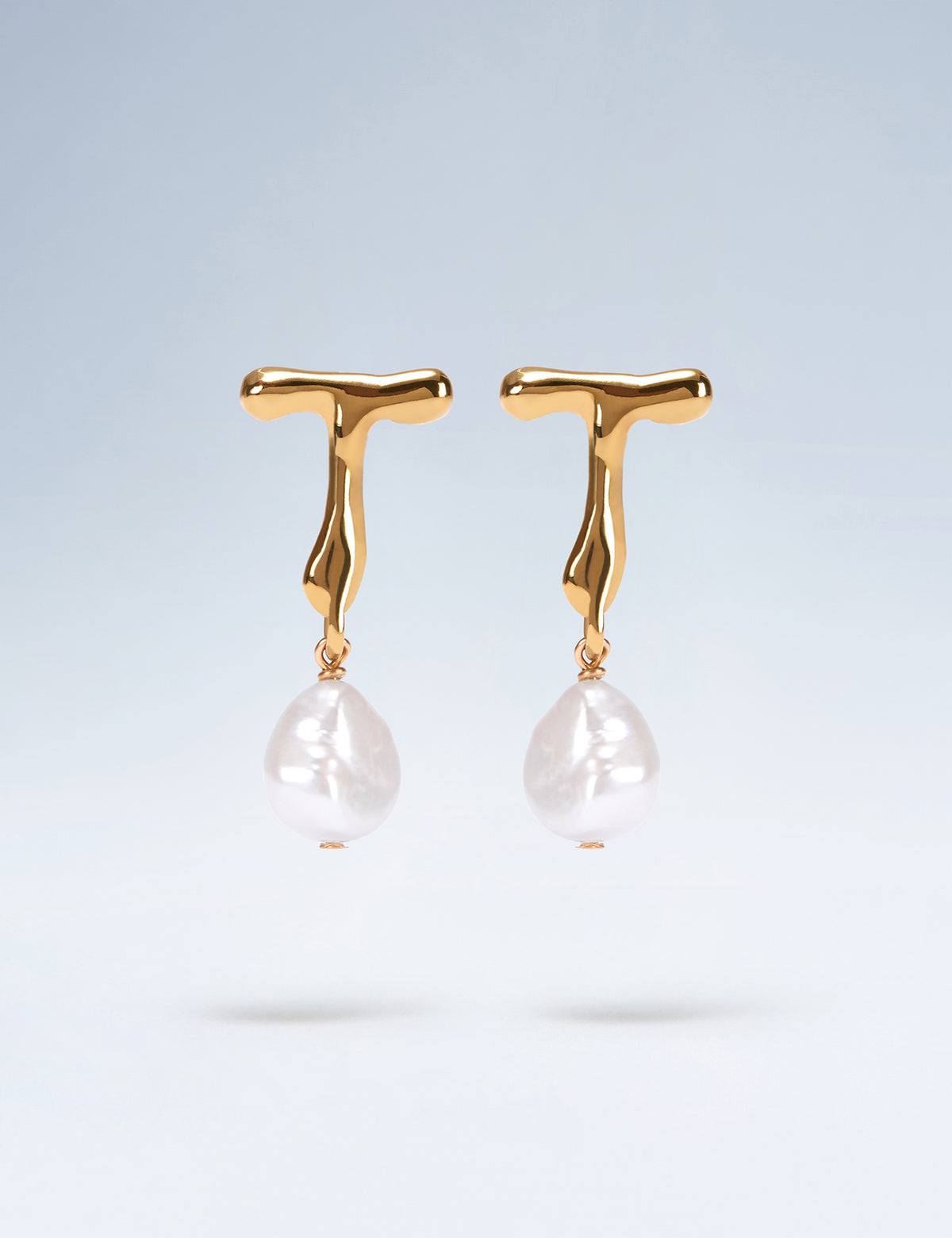 Anne Boleyn letter T gold vermeil earrings with freshwater pearl drops