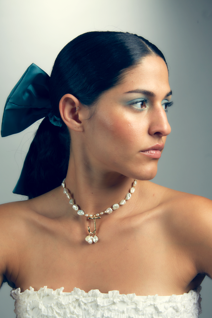 Anne Boleyn letter J initial necklace with freshwater pearls, alternate view