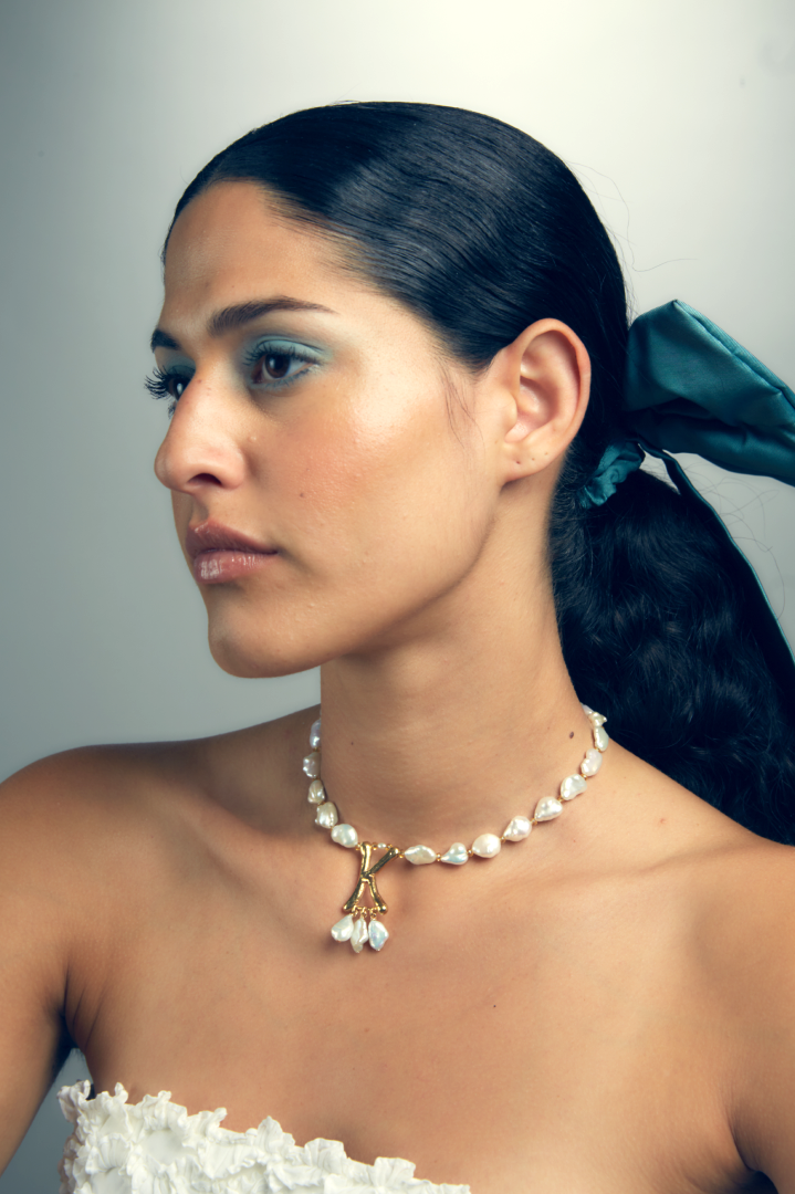 Anne Boleyn letter K initial necklace with freshwater pearls, alternate view