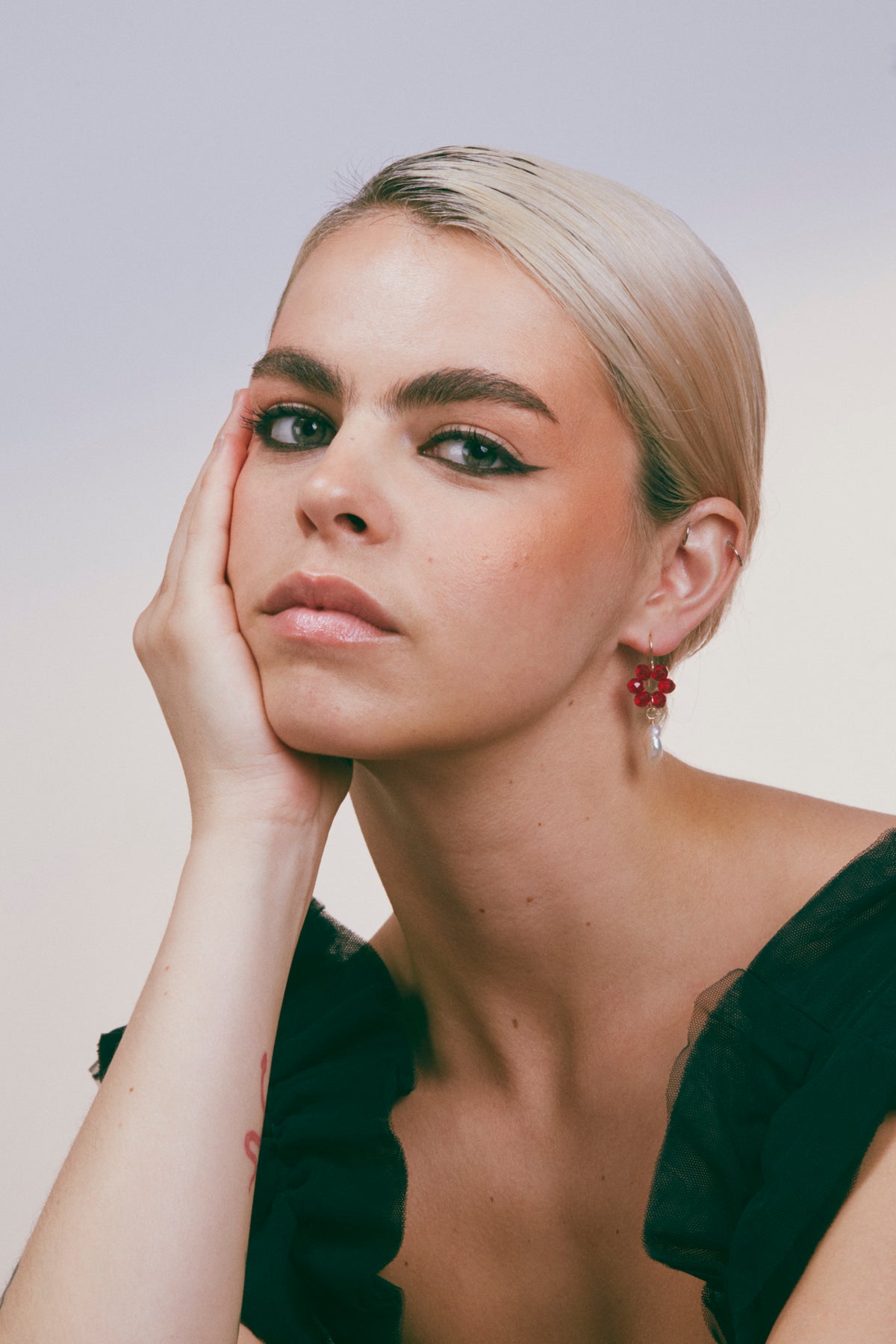 La Perla beaded earrings in red with freshwater pearl drops, alternate view