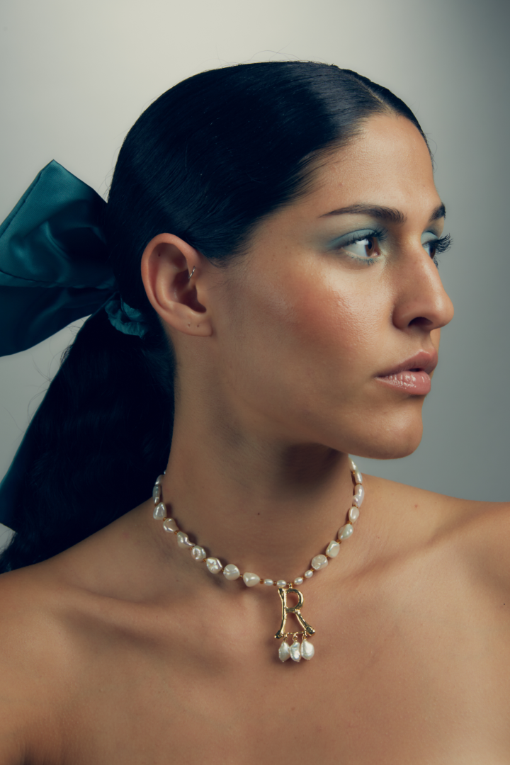 Anne Boleyn letter R initial necklace with freshwater pearls, alternate view