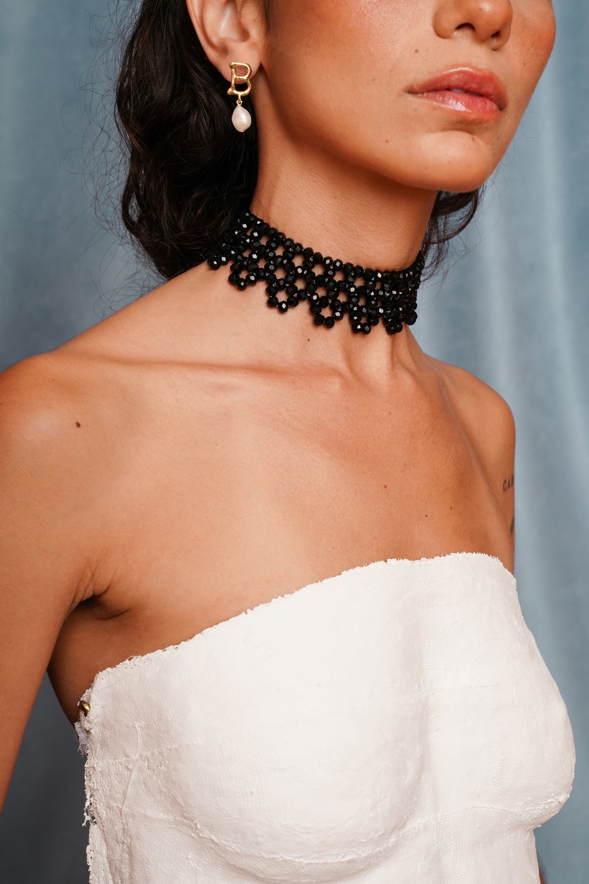 Temptress beaded choker in black glass beads, alternate view