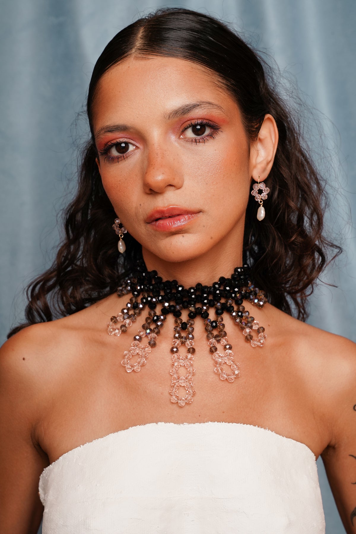 Drip beaded choker with freshwater keshi pearls, alternate view