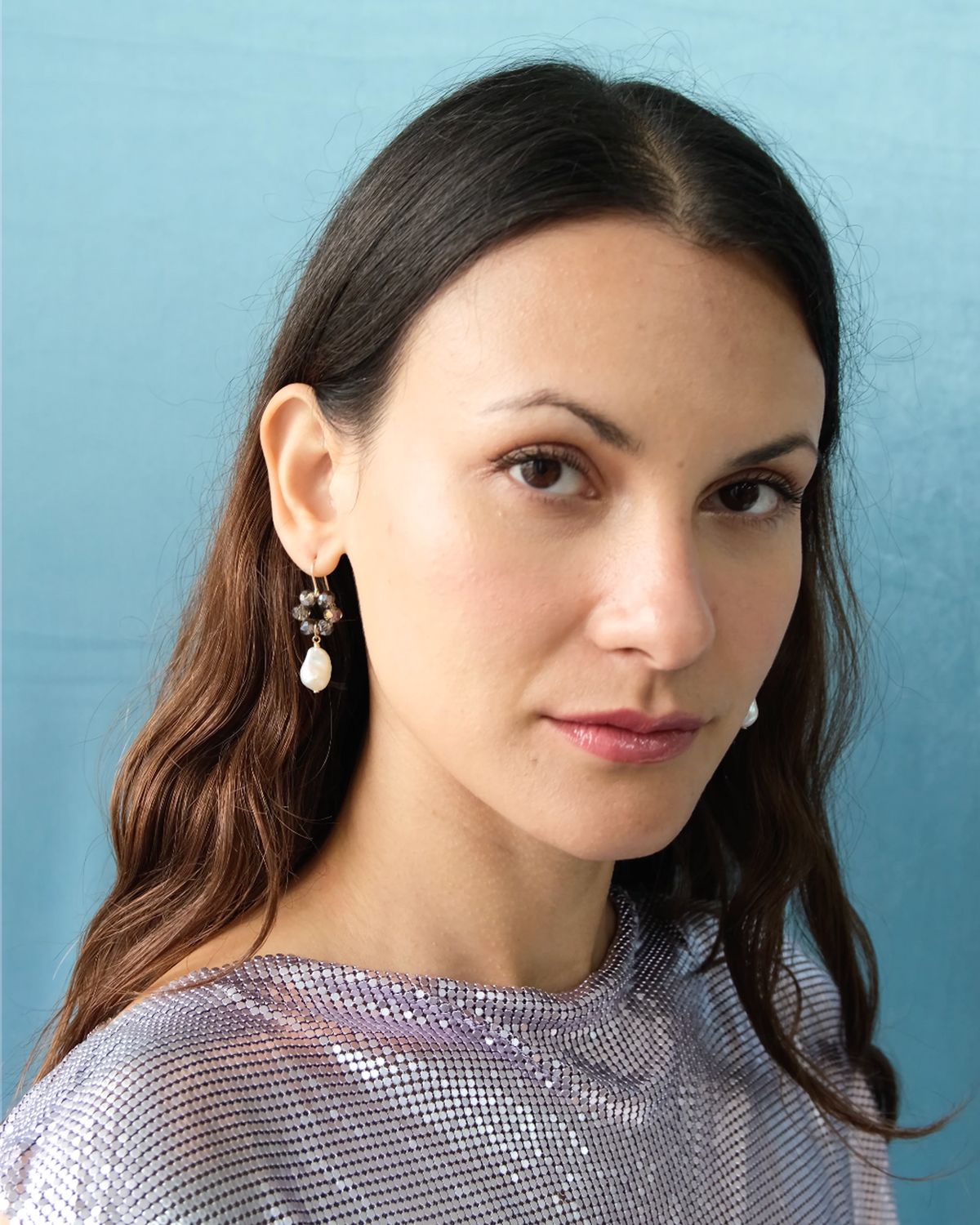 La Perla beaded earrings in silver with freshwater pearl drops, alternate view