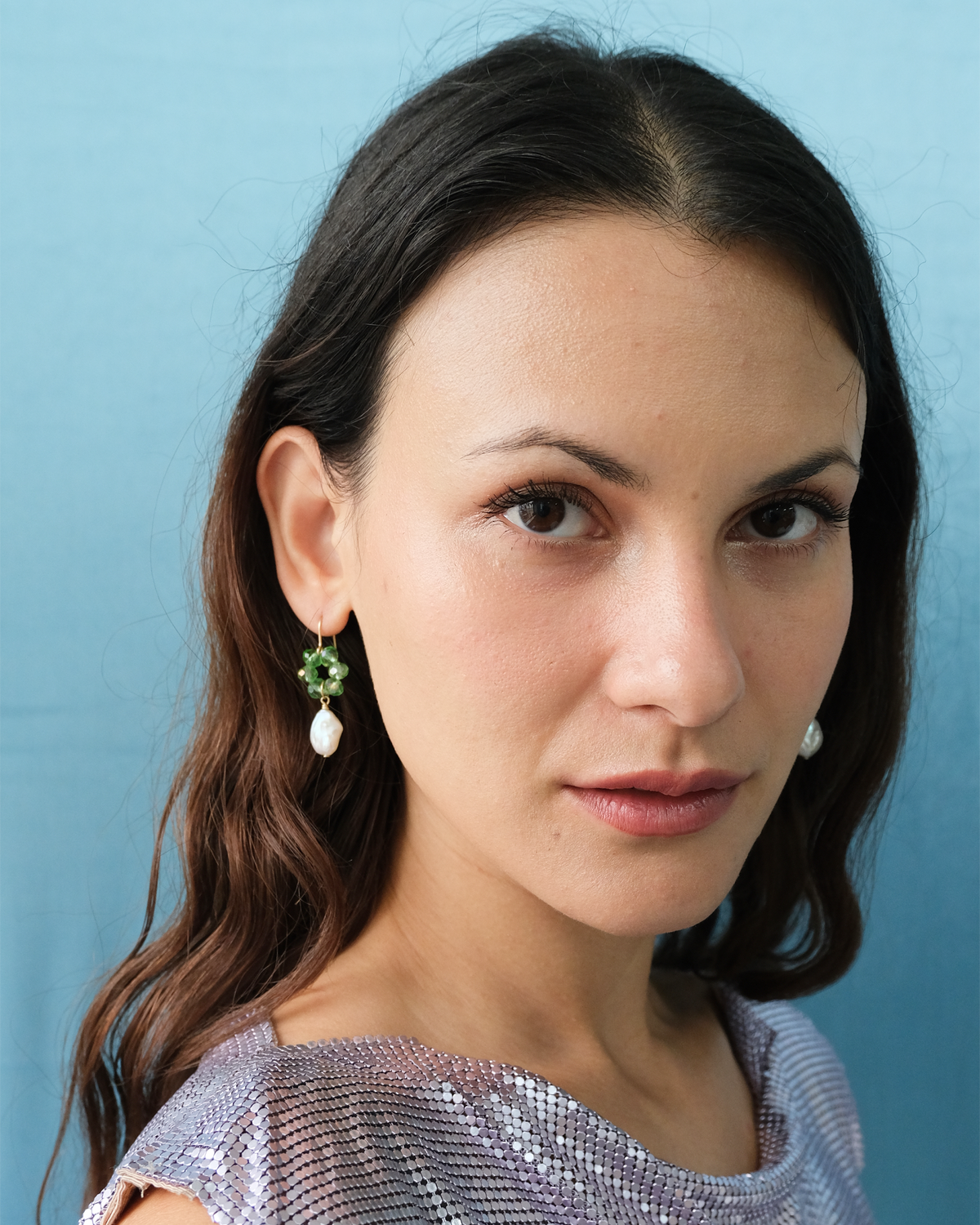 La Perla beaded earrings in green with freshwater pearl drops, alternate view