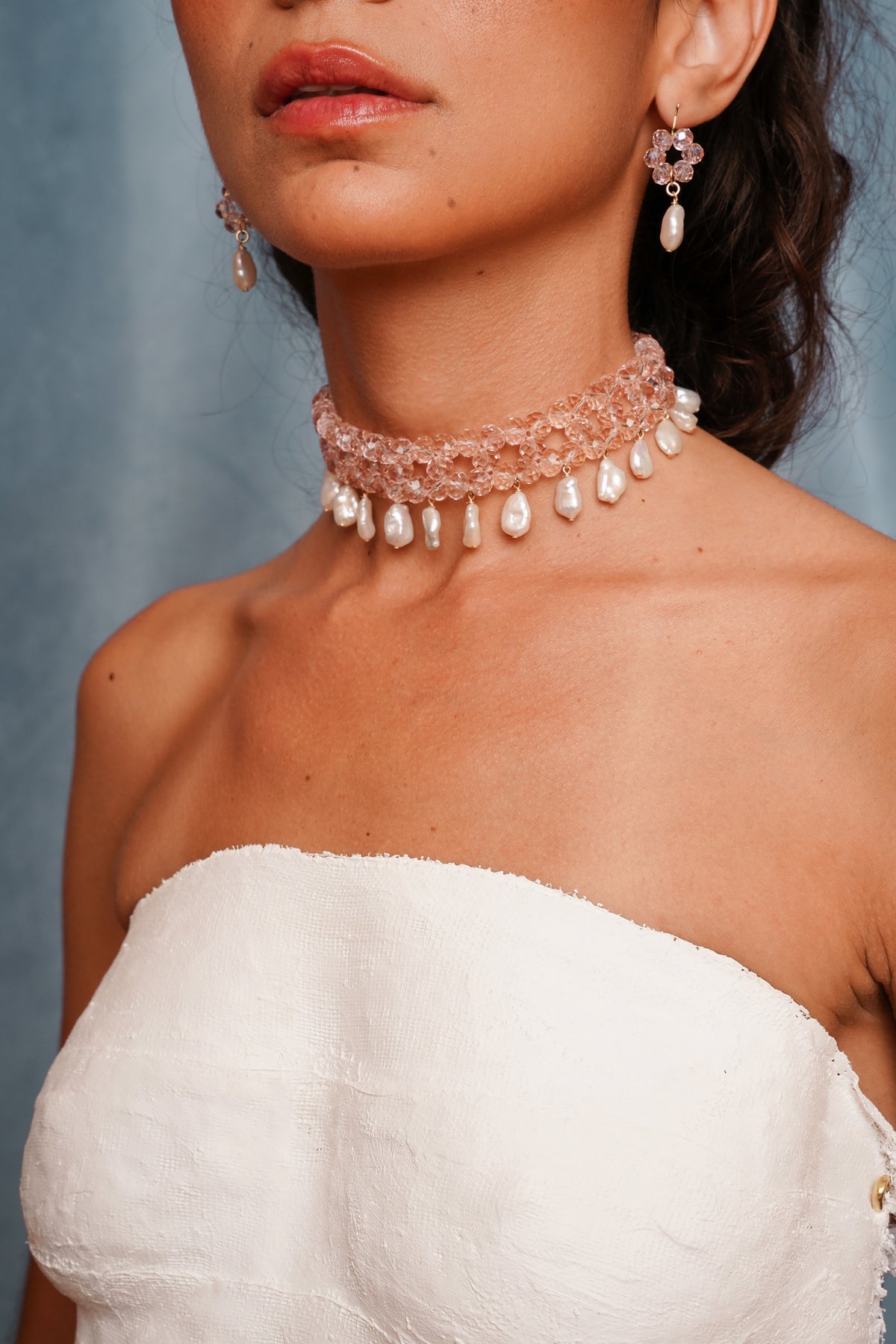 La Perla beaded choker in pink with freshwater keshi pearls, alternate view