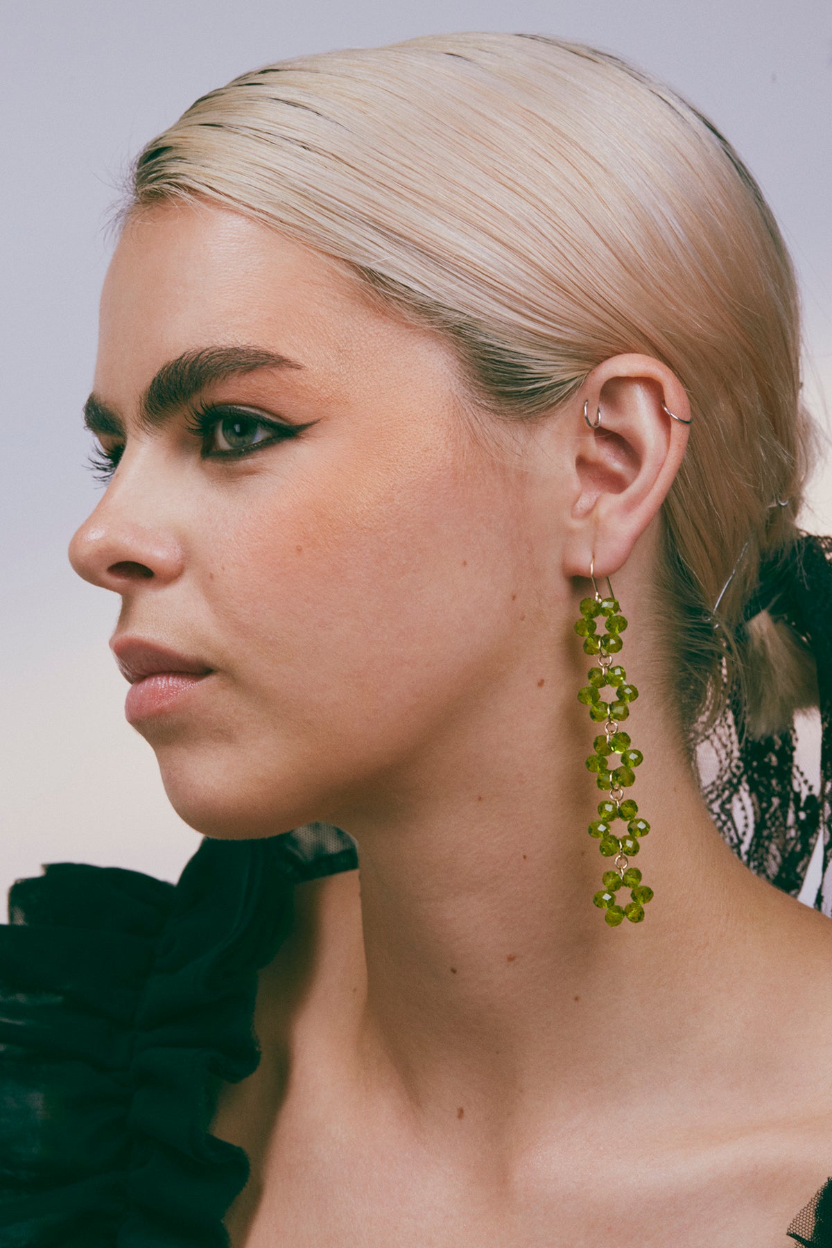 Daisy Chain beaded earrings in olive green glass beads, alternate view