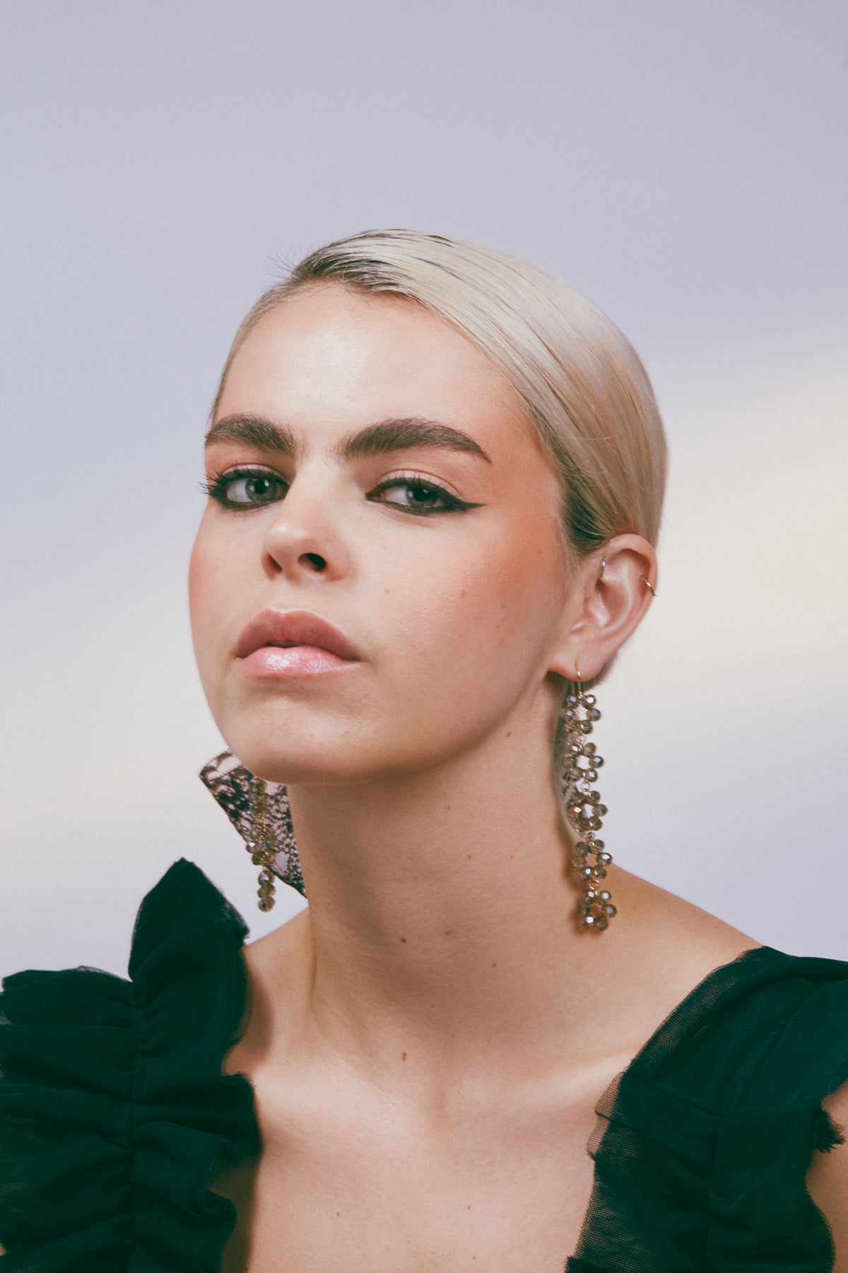 Daisy Chain beaded earrings in silver glass beads, alternate view